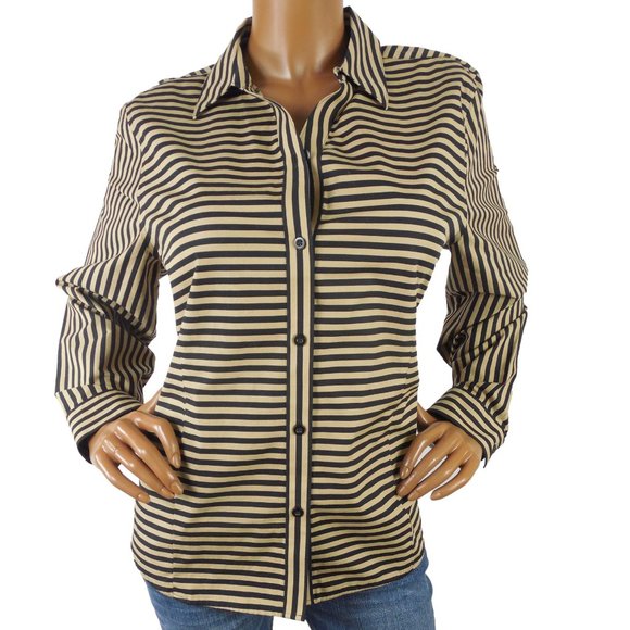 CHICO'S Top L Sz 2 Wrinkle Resist Tan/Black Stripe Button Down Blouse Cotton - Picture 2 of 9
